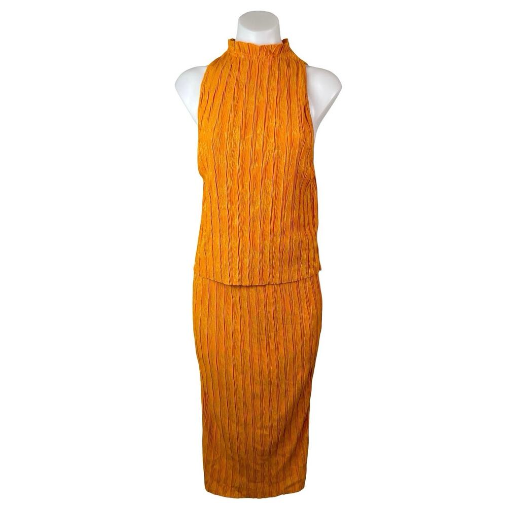 NEW Zara Women's Orange Ribbed Sleeveless Tank Top Midi Straight Skirt Set Sz M